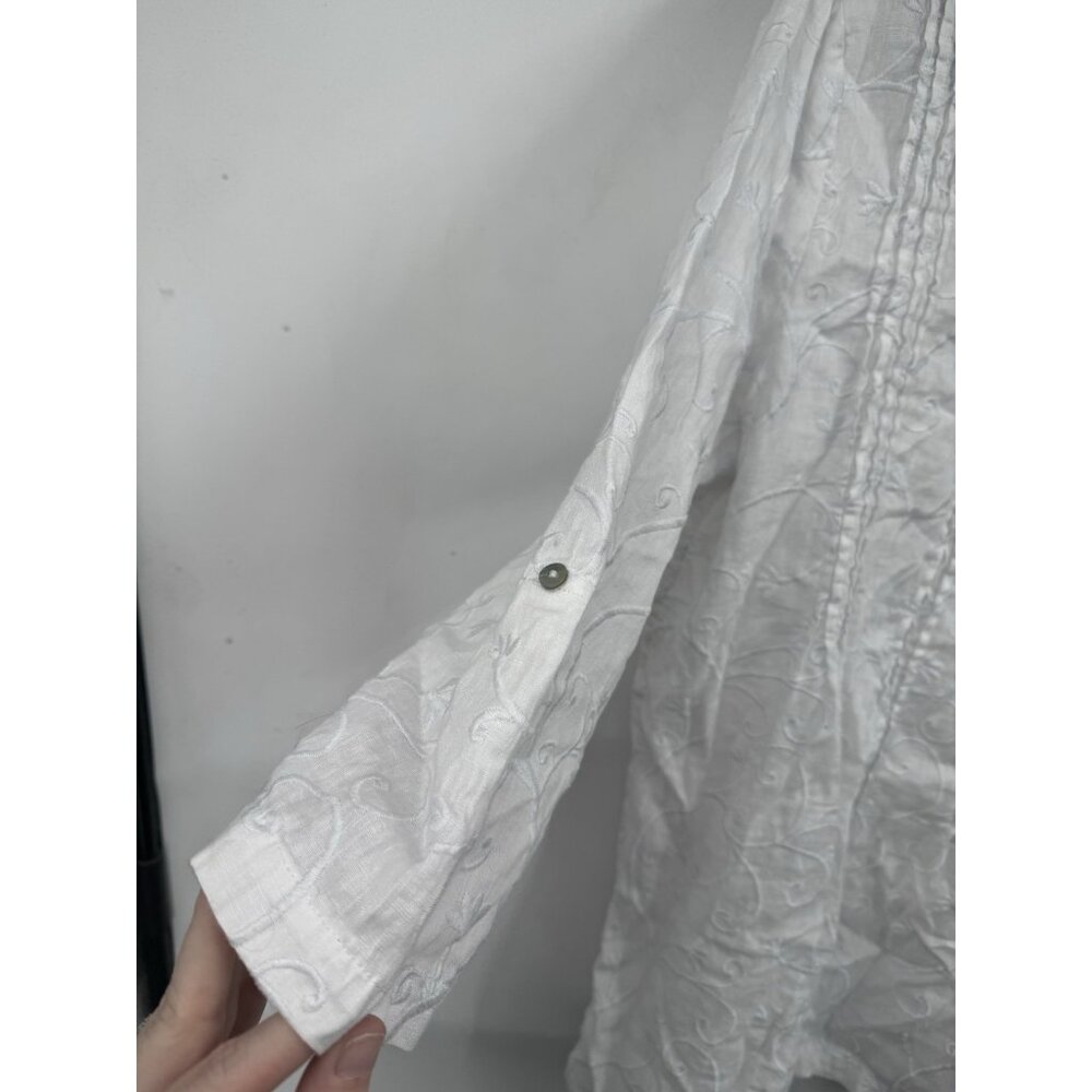 Kenar 100% Linen Shirt Women XL White Embroidered Roll Tab Sleeve Coastal Beach - Picture 7 of 8